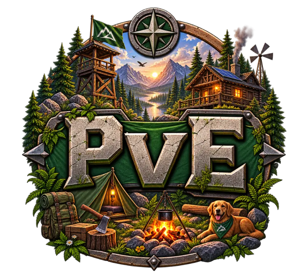 ArdemSurvivorsHub.com Image for PvE Ardem Server showing the text PvE and depicting PvE style activities.
